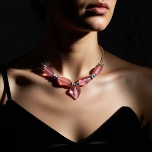 Lovely Salmon Pink Color + Silver! Sexy Cherry Quartz Heart Choker Necklace 19"